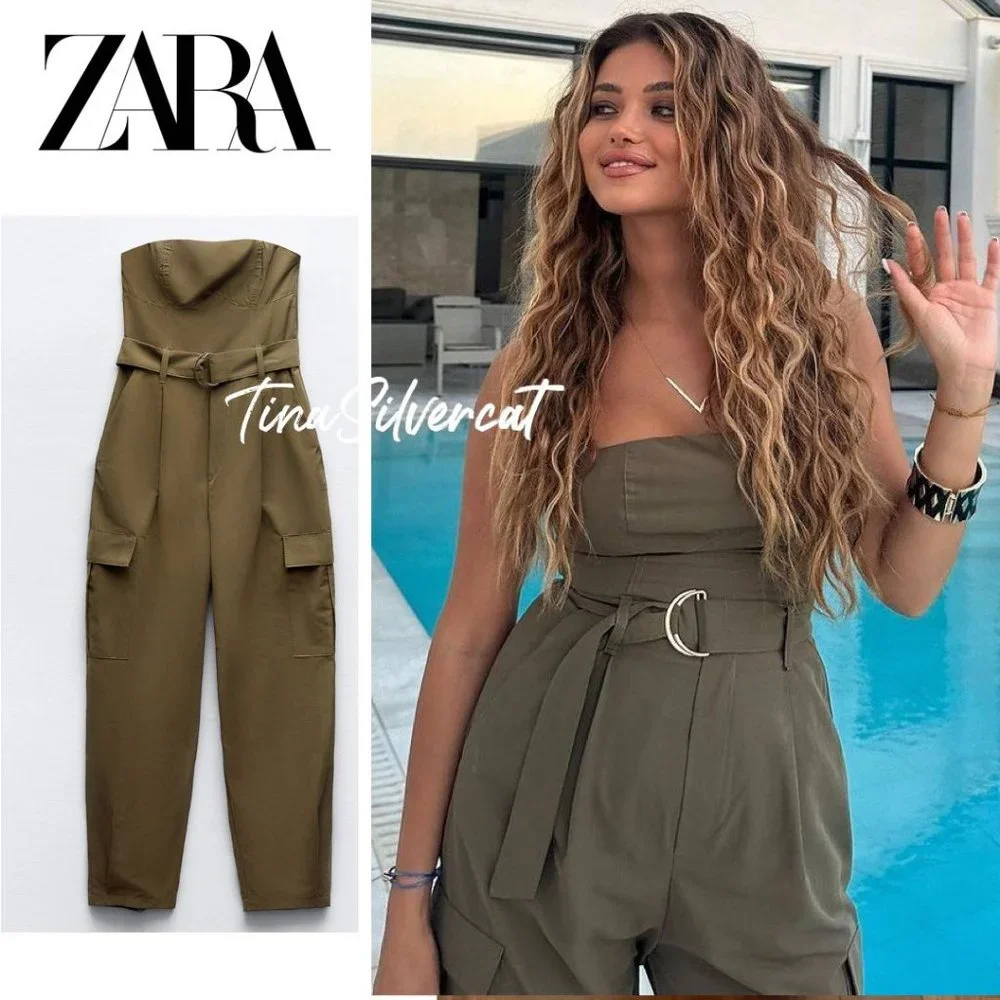 BLOGGER'S FAVE! Zara Belted Strapless Jumpsuit Sx XS, S Khaki NWT